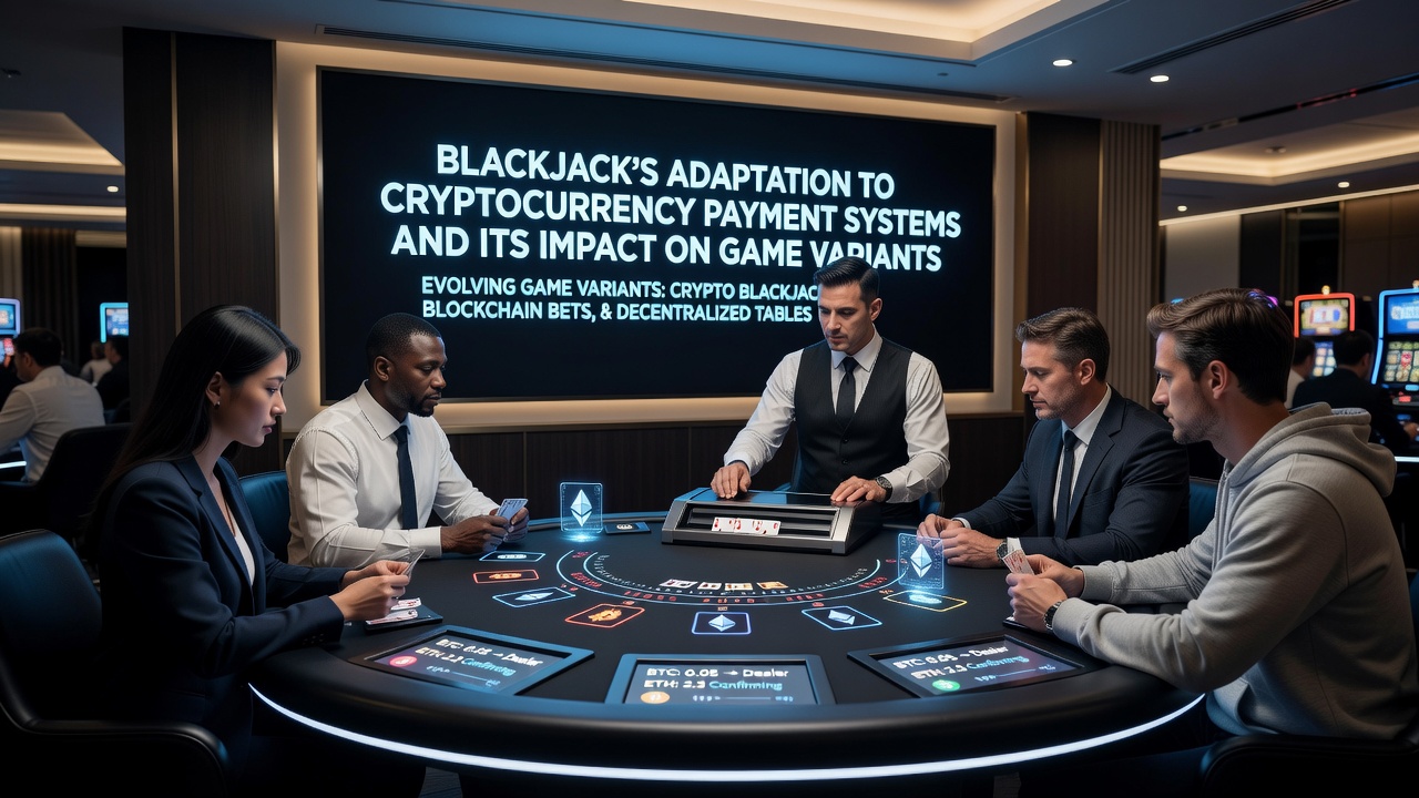 Illustration von Blockchain-basierten Blackjack-Varianten mit Fokus auf dezentrale Zahlungssysteme und Spielerinteraktionen