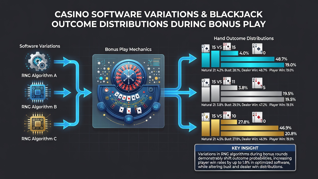 Darstellung von Blackjack-Handverteilungen und Software-Effekten während Bonusphasen mit Diagrammen zu RNG-Einflüssen