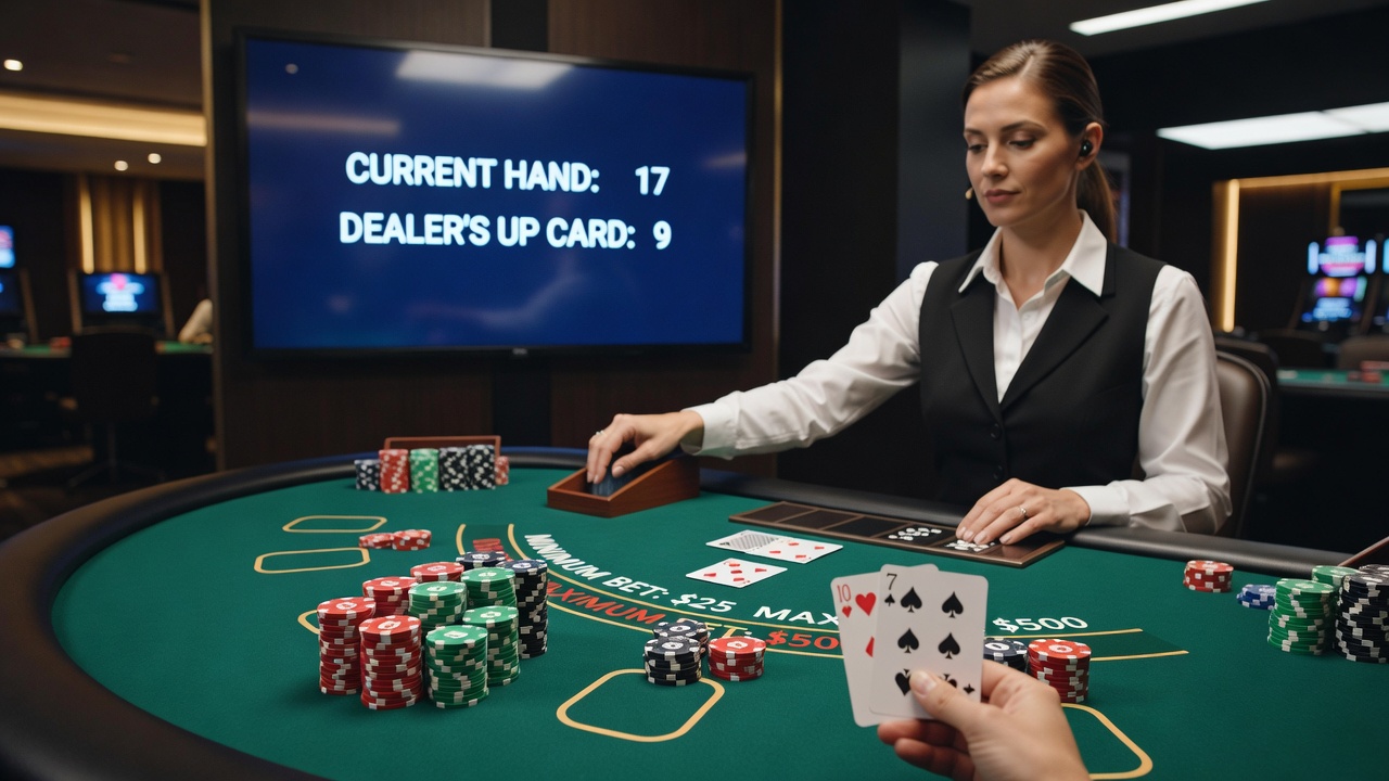 Detailansicht eines Live-Dealer-Blackjack-Tisches mit Fokus auf Einsatzbereiche und Kartenverlauf